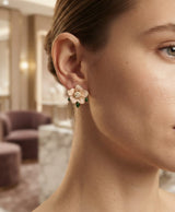 Peach Floral Green Leaf Stud Earrings