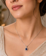 Elegant Blue Stone Halo Pendant Necklace for Women – Silver-Tone Statement Jewellery