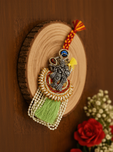 Premium Radha Krishna Designer Lumba Rakhi with Green Tassel
