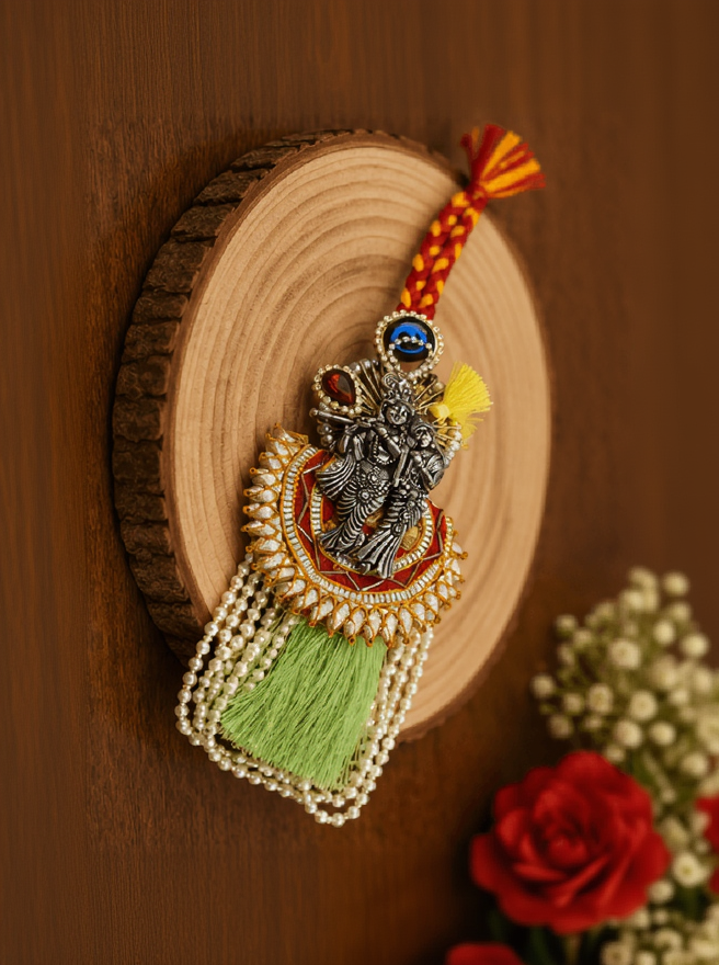 Premium Radha Krishna Designer Lumba Rakhi with Green Tassel