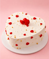 Romantic White Heart Cake with Red Hearts & Gold Pearls