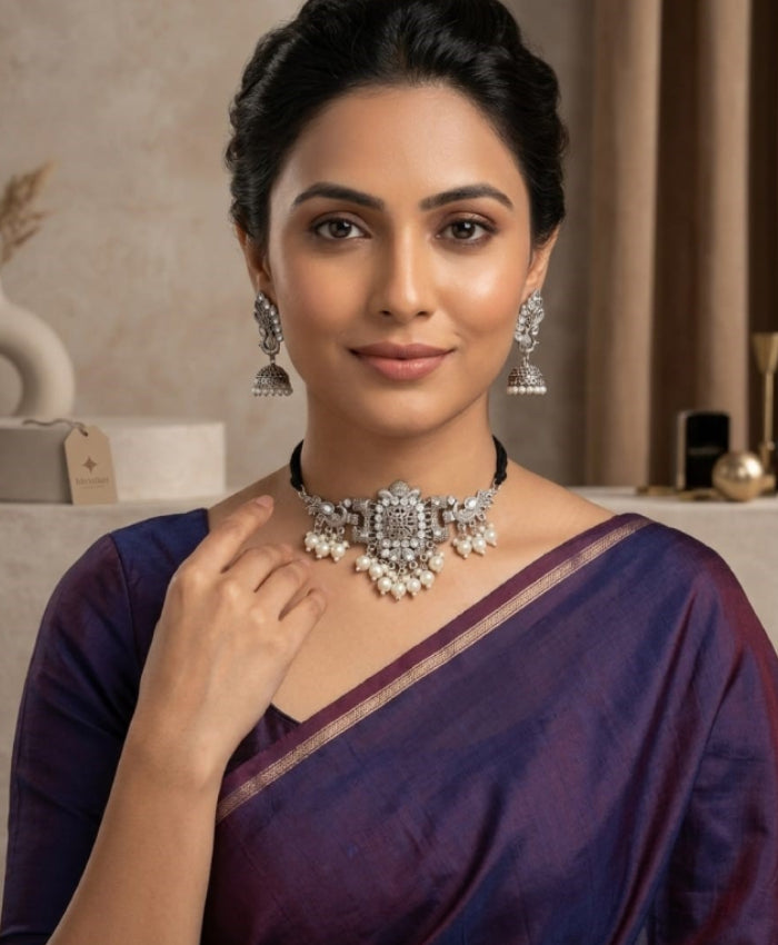 Mayurika Silver Peacock Pearl Necklace Set