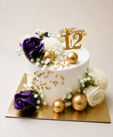Royal Purple Floral & Gold Spheres Birthday Cake