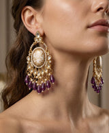 Gold-Tone Purple Beaded Kundan Style Chandbali Earrings