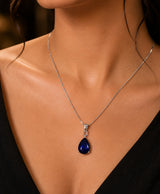 Sapphire Blue Teardrop Silver-Tone Pendant Necklace