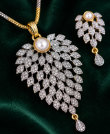 Pearl Leaf Pendant Necklace & Drop Earrings Jewellery Set