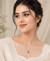 Elegant Green Gemstone Square-Halo Pendant Necklace