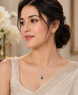 Elegant Blue Stone Halo Pendant Necklace for Women – Silver-Tone Statement Jewellery
