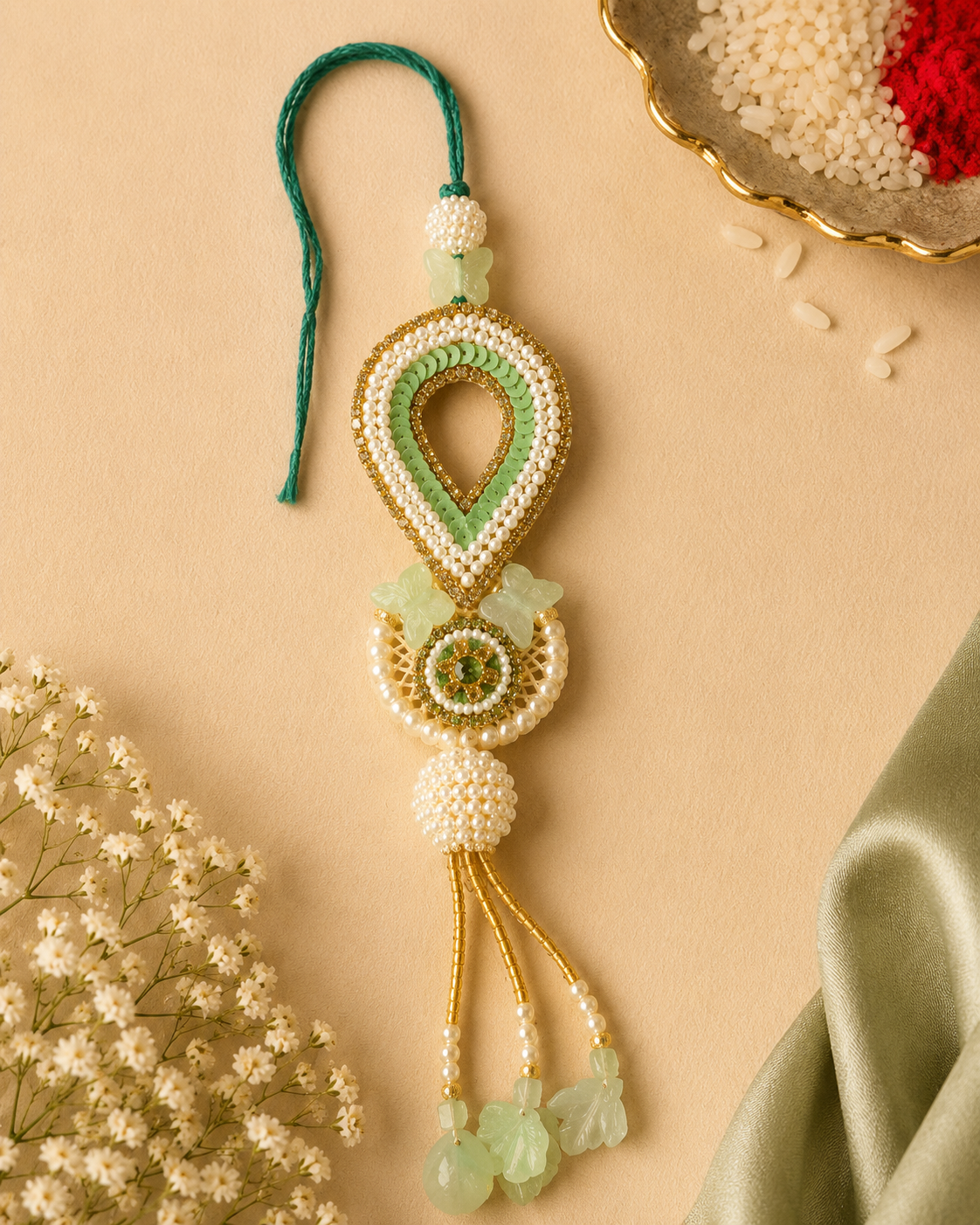 Mint Green Pearl Designer Lumba Rakhi