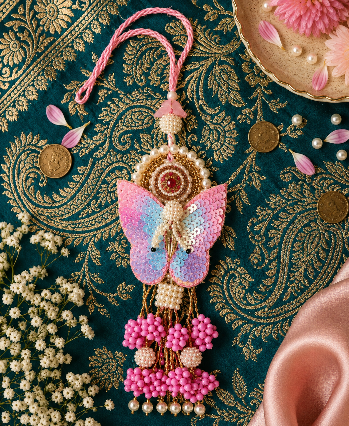 Pastel Sequin Butterfly Designer Lumba Rakhi
