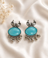 Aqua Blue Peacock Oxidized Silver-Tone Statement Earrings