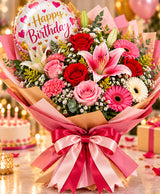 Birthday Balloon & Flower Bouquet – 10 Mixed Flowers