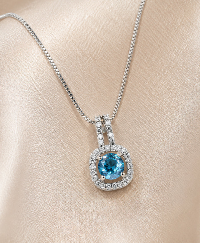 Blue Crystal Halo Pendant Silver-Tone Necklace