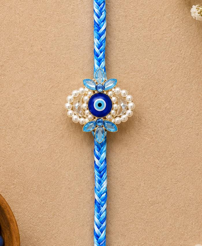 Blue Evil Eye Designer Rakhi with Pearl Accents