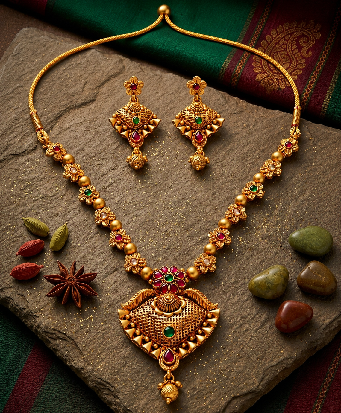 Rajshree Antique Gold Temple Necklace & Earrings Set