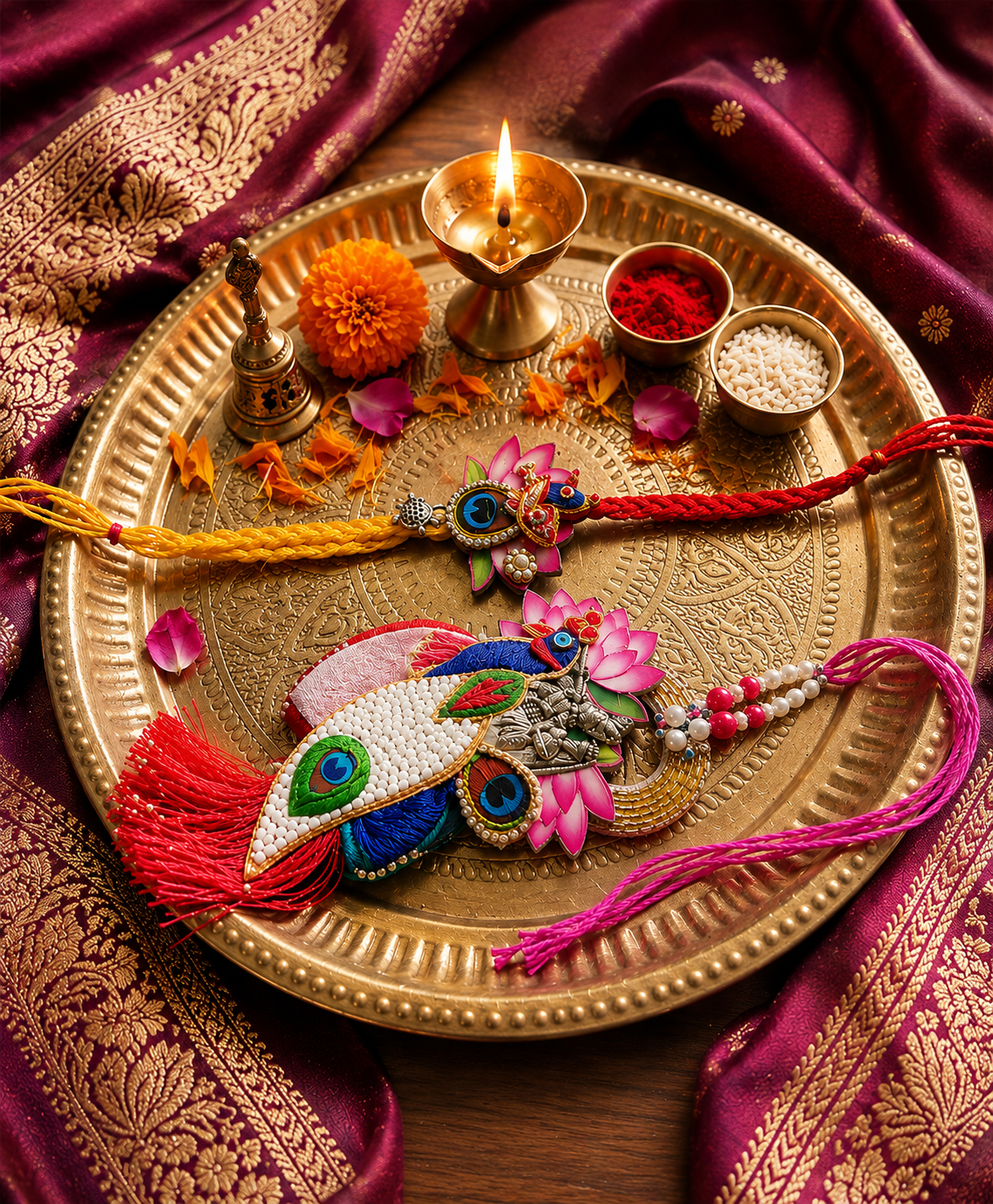 Premium Lotus Peacock Designer Rakhi Combo