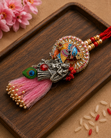 Premium Radha Krishna Peacock Rakhi Set