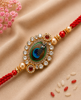 Premium Radha Krishna Peacock Rakhi Set