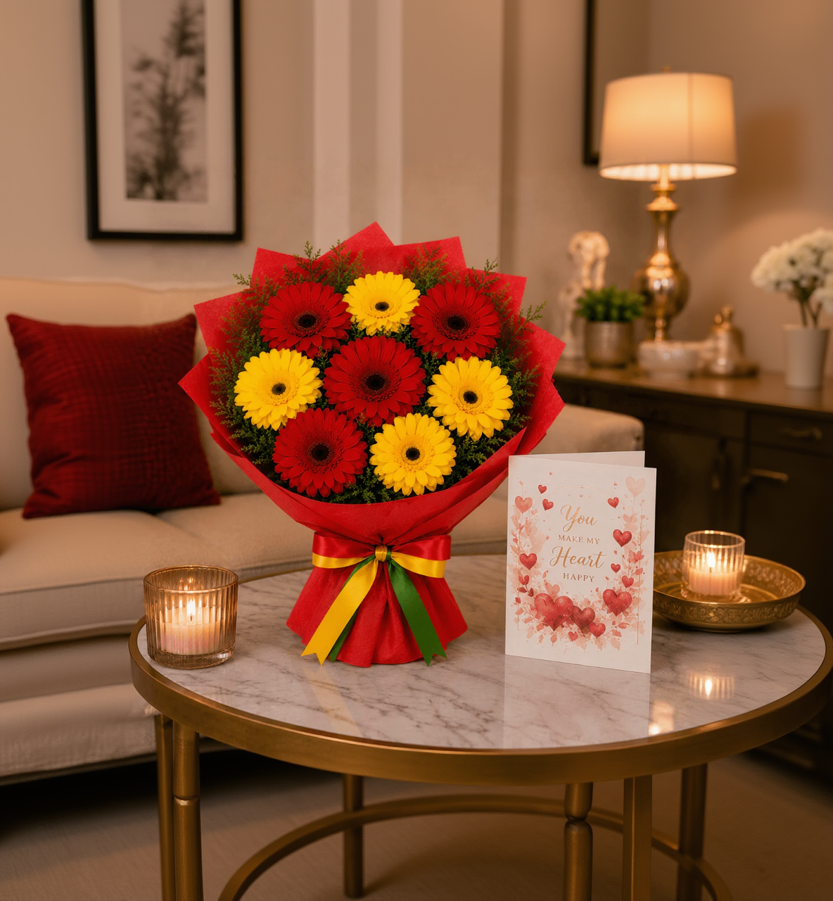 Glorious Red & Yellow Gerbera Blossoms Bouquet