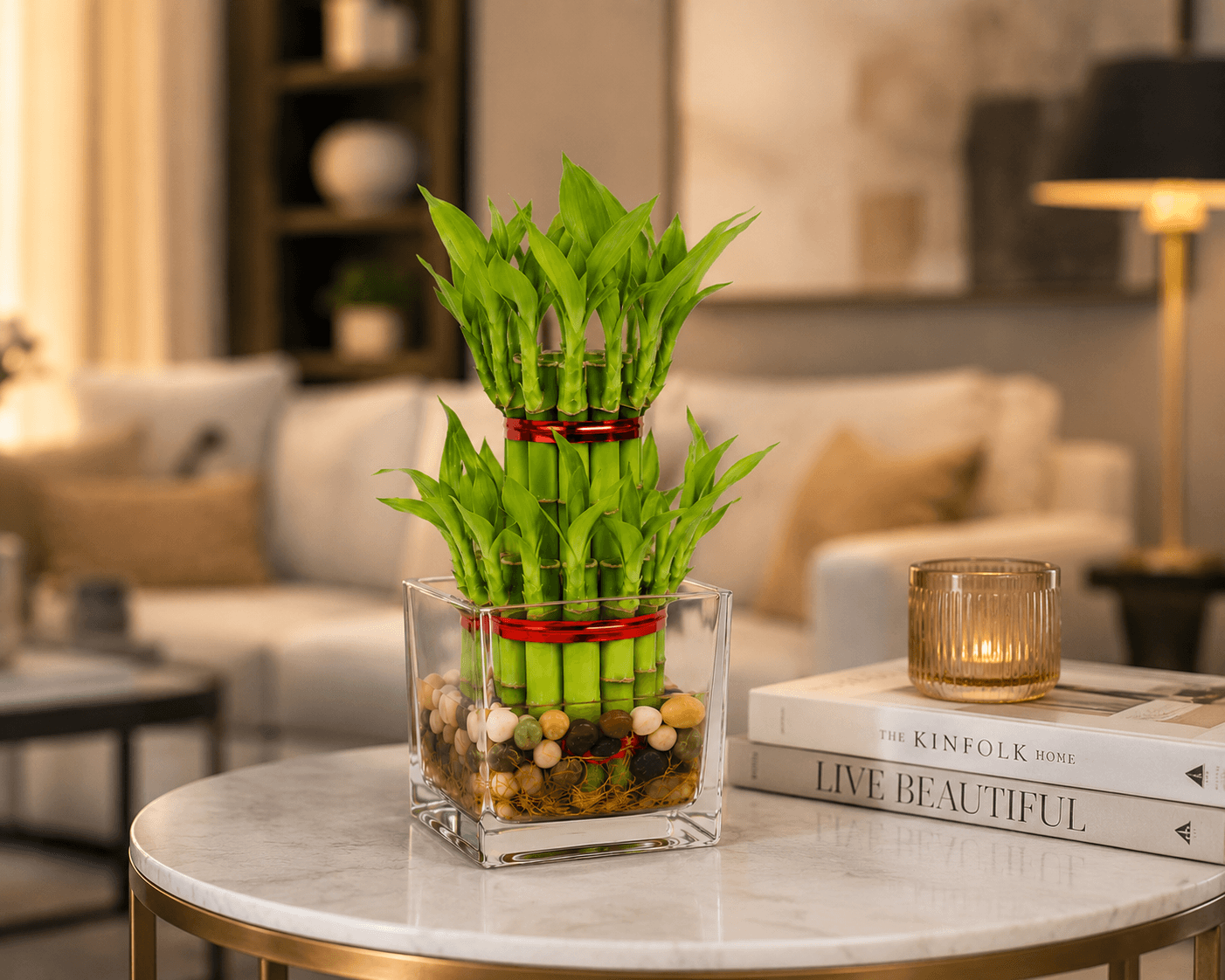 Lucky Two Layer Bamboo Plant in Glass Square Vase