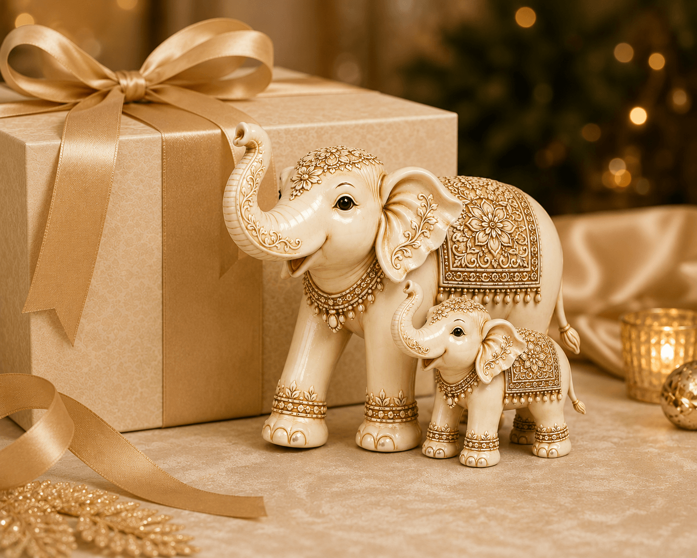 Vintage Ivory Look Mother & Baby Elephant Figurine Set