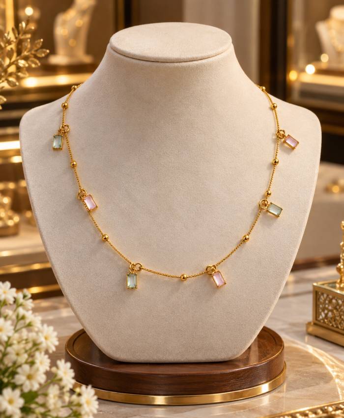Delicate Gold Pastel Charm Necklace – Elegant Beaded Chain Necklace