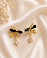 Elegant Black Bow & Crystal Drop Stud Earrings