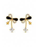 Elegant Black Bow & Crystal Drop Stud Earrings