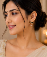 Elegant Black Bow & Crystal Drop Stud Earrings