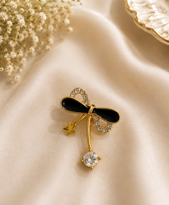 Elegant Black Bow & Crystal Drop Stud Earrings