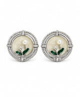 Elegant Floral Pearl Stud Earrings with Green Enamel Detailing