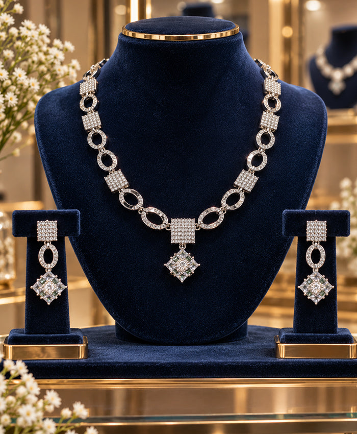 Elegant Geometric CZ Crystal Necklace & Matching Earrings Set