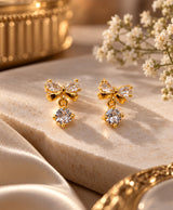 Elegant Gold-Tone Crystal Bow Drop Earrings