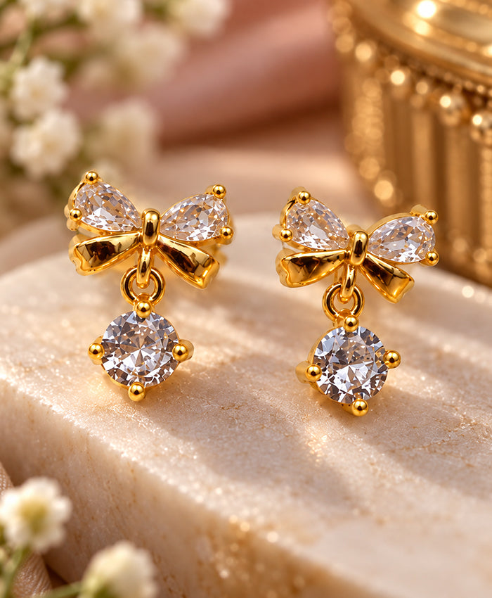Elegant Gold-Tone Crystal Bow Drop Earrings