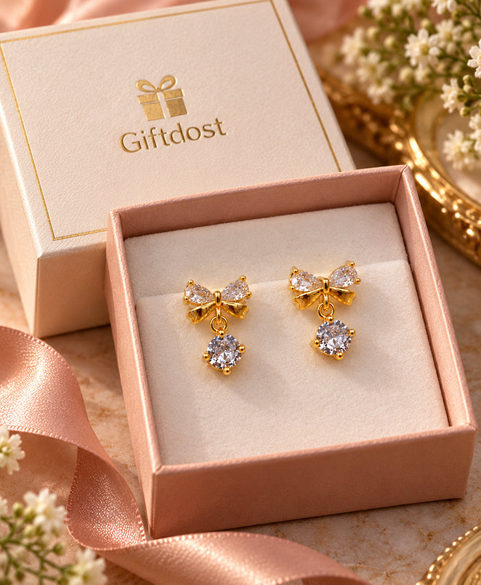 Elegant Gold-Tone Crystal Bow Drop Earrings