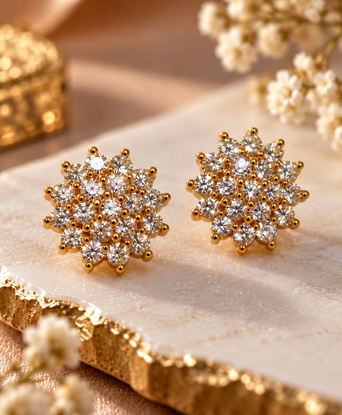 Elegant Gold-Tone Floral Cluster CZ Stud Earrings