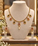 Elegant Gold-Tone Teardrop Ruby & Emerald Pearl Necklace Set