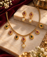 Elegant Gold-Tone Teardrop Ruby & Emerald Pearl Necklace Set