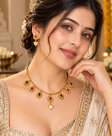 Elegant Gold-Tone Teardrop Ruby & Emerald Pearl Necklace Set