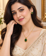 Elegant Green Oval Stone Gold Necklace Set with Matching Earrings