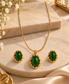 Elegant Green Oval Stone Gold Necklace Set with Matching Earrings