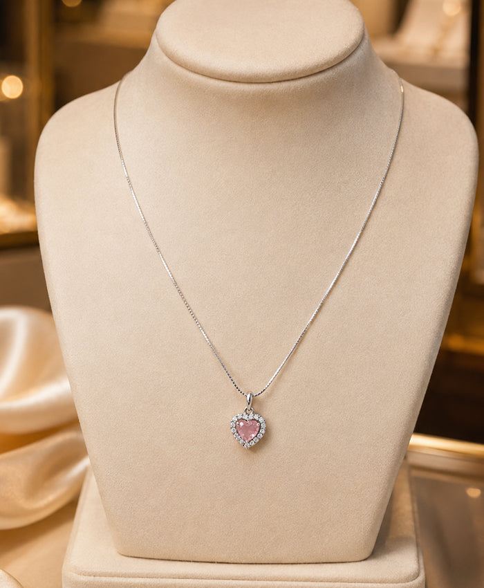 Elegant Pink Heart Halo Pendant Necklace