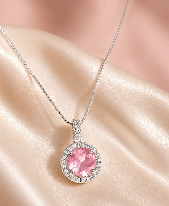 Elegant Pink Stone Halo Pendant Necklace for Women