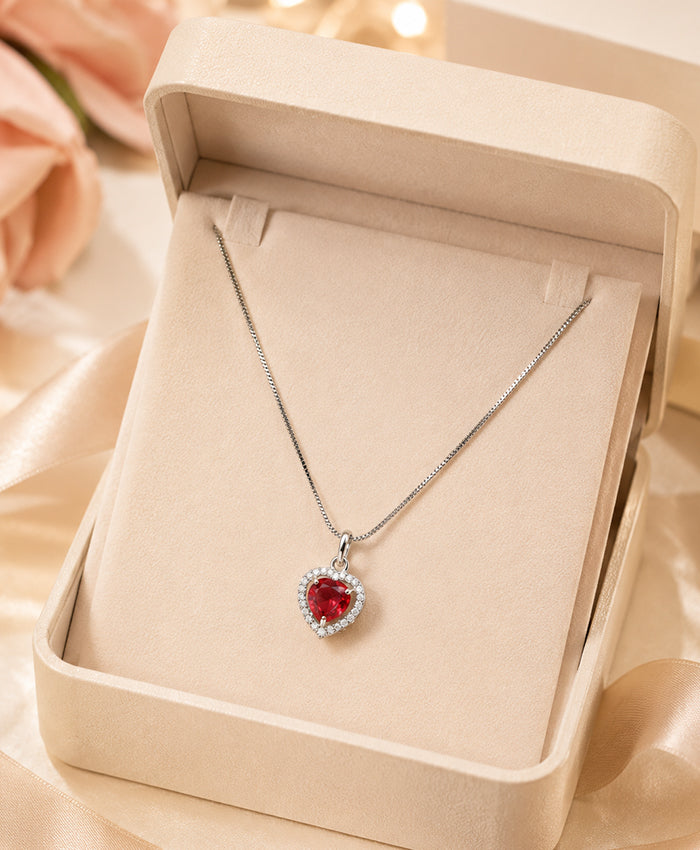 Elegant Red Heart Halo Pendant Necklace