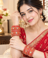 Elegant Red & Gold Crystal Embellished Bangle Set