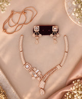 Elegant Rose Gold-Tone Crystal Necklace & Earrings Set