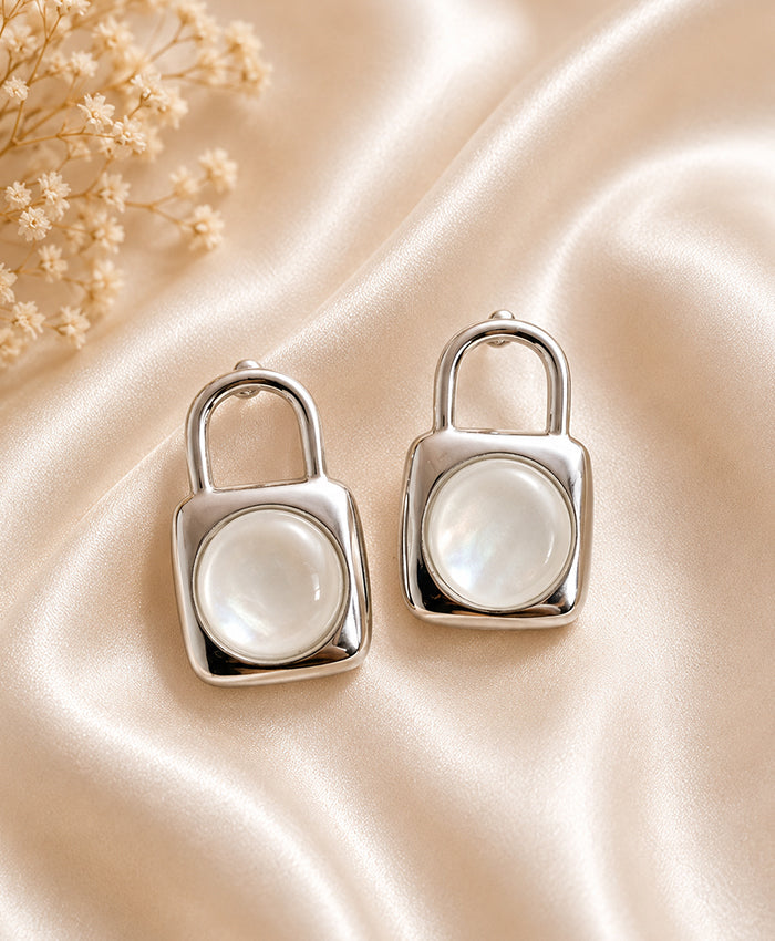 Elegant Silver Lock-Inspired Pearl Stud Earrings