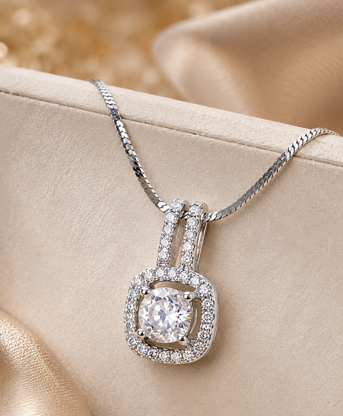 Elegant Silver-Tone Cushion Halo Pendant Necklace