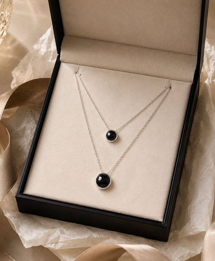 Elegant Silver-Tone Double Layer Black Circle Pendant Necklace