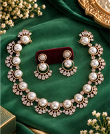 Elegant Pearl & Crystal Gold-Tone Necklace Set with Matching Earrings
